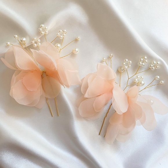 BRIDAL - HIBISCUS Pink Flowers & Pearls Hair Pin Set - 2 pc - Picture 1 of 2